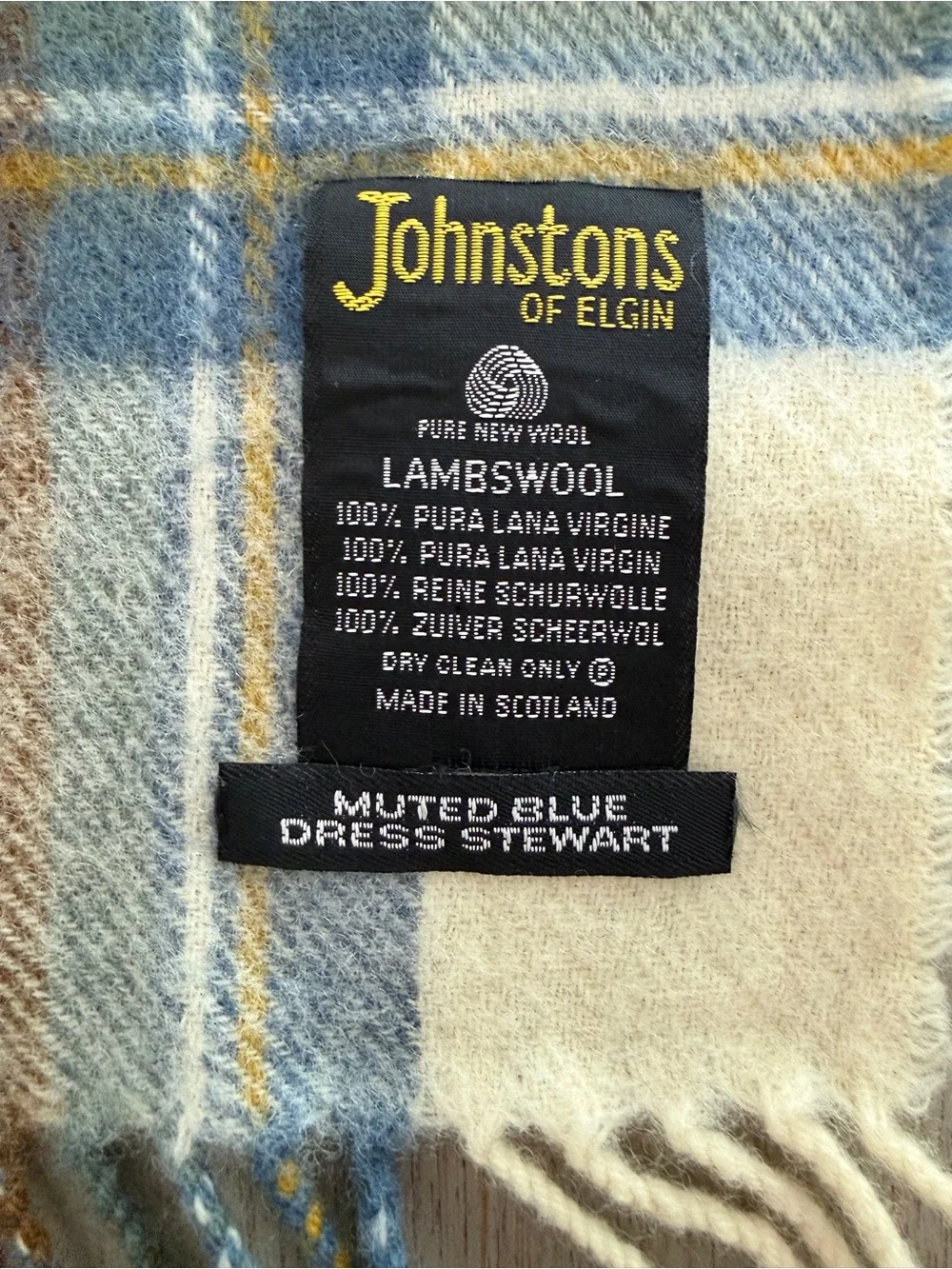Johnstons of Elgin Lambswool Scarf Muted Blue Dress Stewart Plaid Scotland 74x14